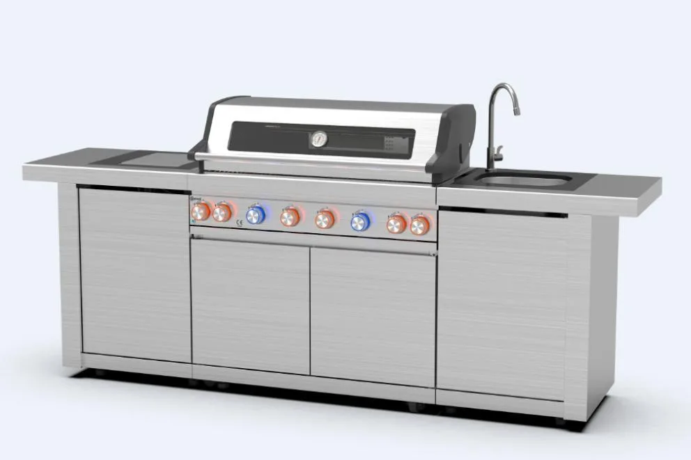 RVS buitenkeuken 262 cm – BuitenStek Modula 6-brander set (grill, zijbrander, spoelbak)