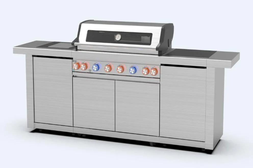 RVS buitenkeuken 262 cm – BuitenStek Modula 6-brander set (grill, zijbrander, opbergkast)