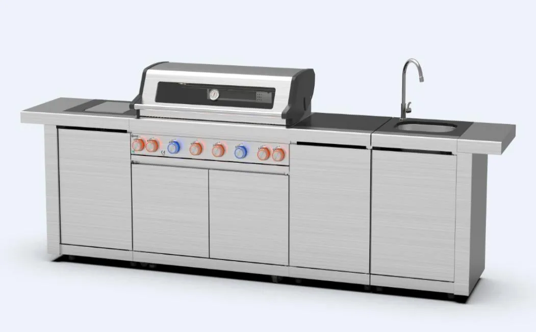 RVS buitenkeuken 314 cm – BuitenStek Modula 6-brander set (grill, zijbrander, spoelbak, opbergkast)