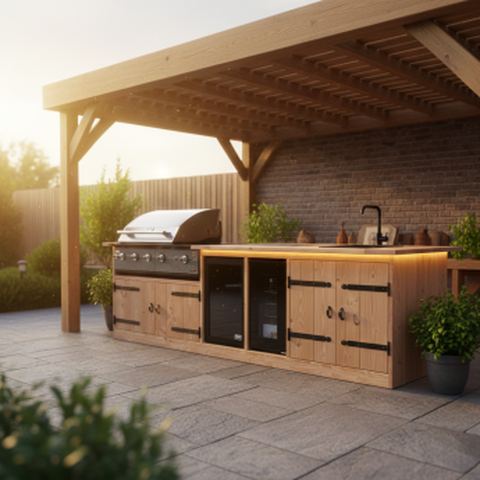 Houten buitenkeuken onder een overkapping