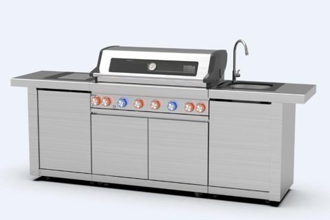 RVS buitenkeuken 262 cm – BuitenStek Modula 6-brander set (grill, zijbrander, spoelbak)