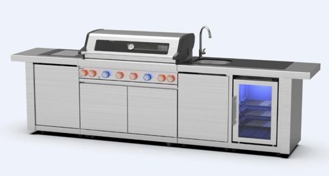 RVS buitenkeuken 314 cm – BuitenStek Modula 6-brander set (grill, zijbrander, koelkast, spoelbak)